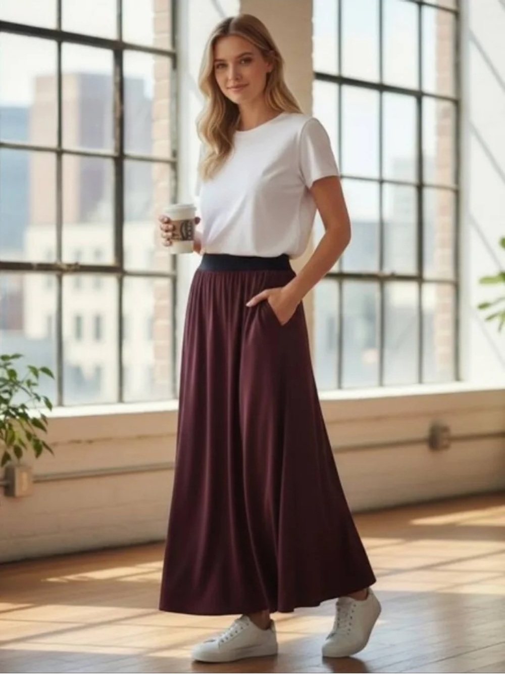 Bella Dahl Burgundy Maxi Skirt with Black Elastic Waist